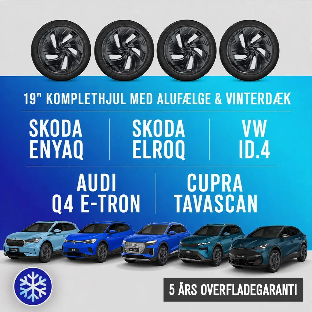 Infografik: 19" komplethjul med alufælge og vinterdæk til Skoda Enyaq, Skoda Elroq, VW ID.4, Audi Q4 e-tron og Cupra Tavascan - 5 års overfladegaranti