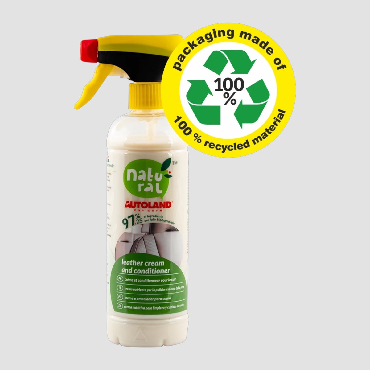 Autoland Natural Leather Cream and Conditioner – sprayflaske til læderpleje på lys baggrund