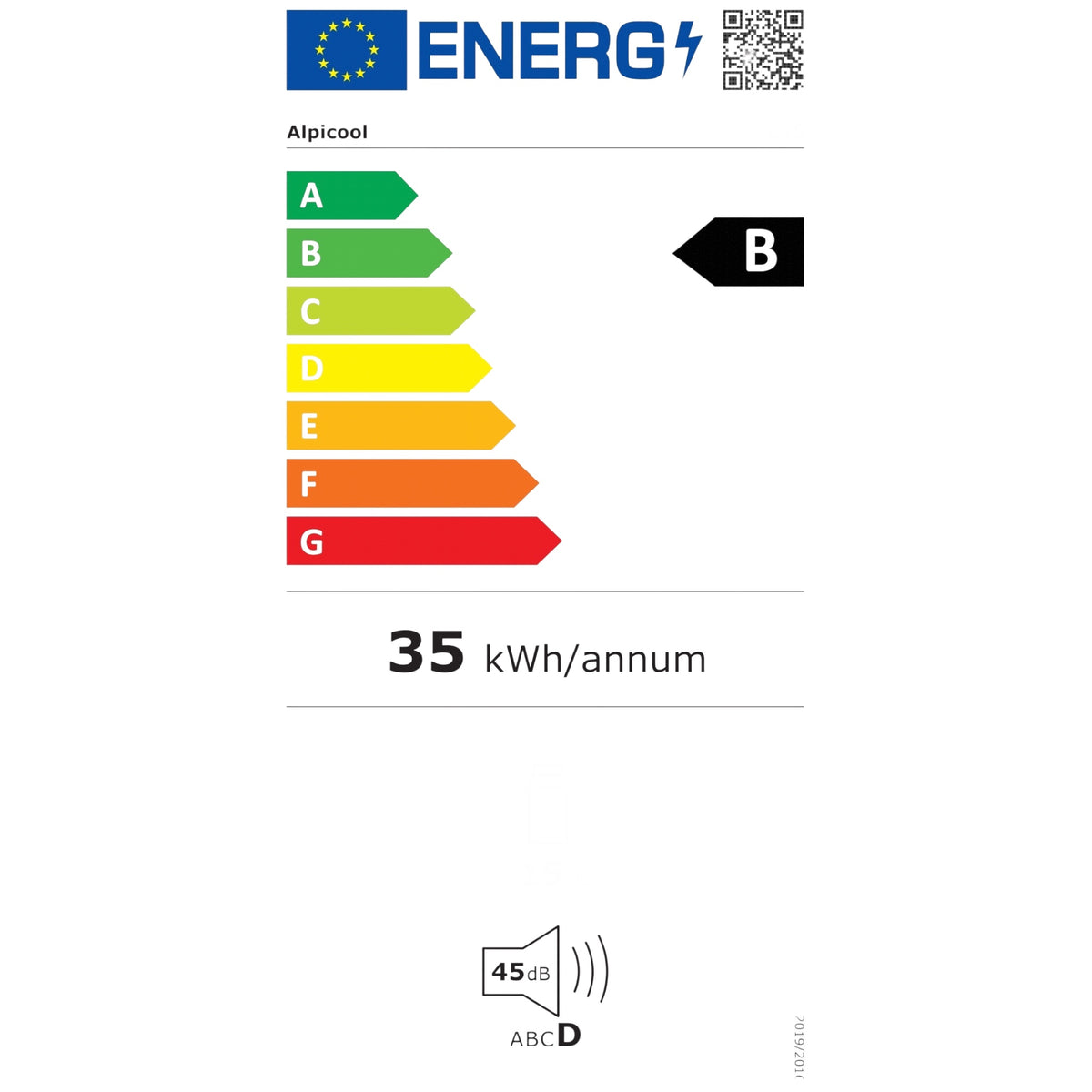 EU energimærke for Alpicool S15 køleskab, energiklasse B, 35 kWh/år