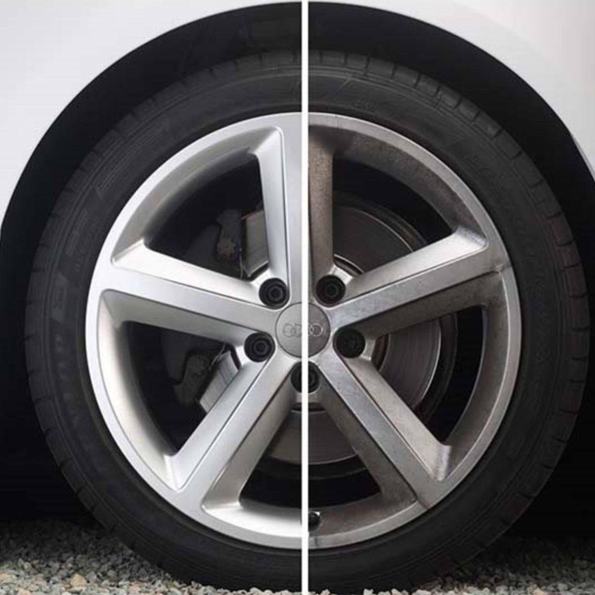 Før/efter billede af bilhjul med Autoglym Wheel Protector, viser forskellen på skinnende og snavset fælg