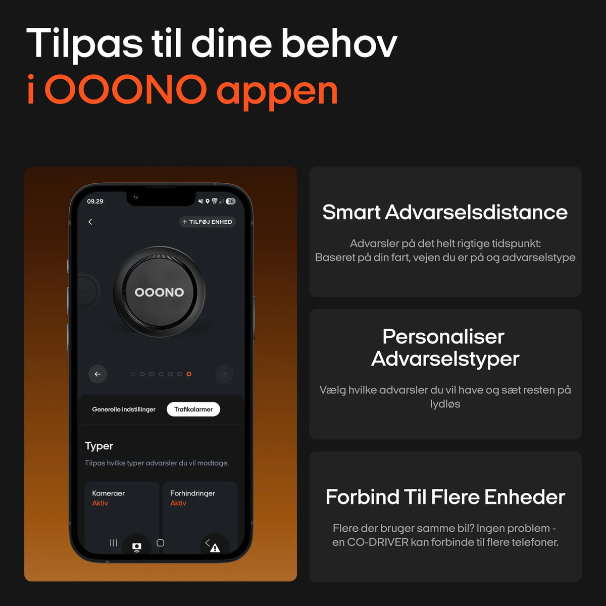 Skærmbillede af OOONO app med indstillinger for advarselsdistance, advarselstyper og enhedsforbindelse