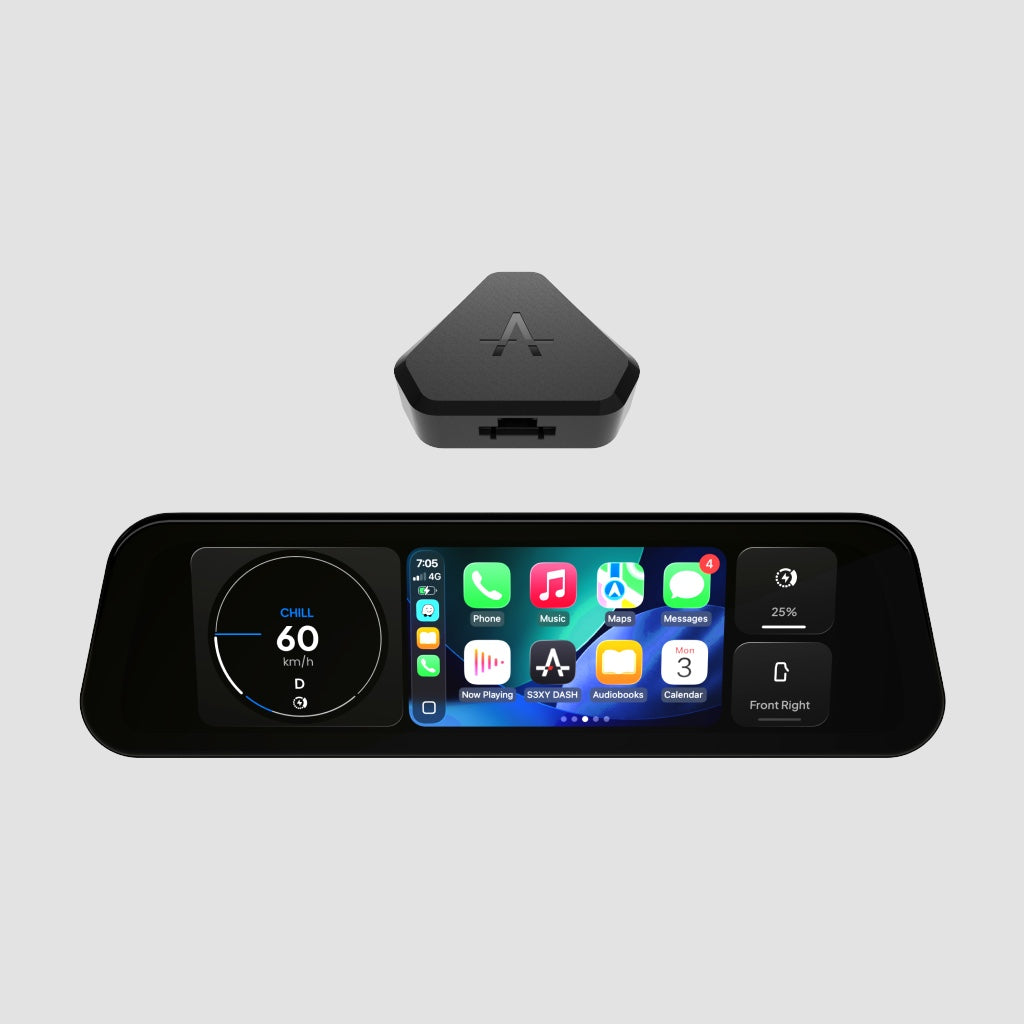 S3XY Dash produktbillede med Gen2 Commander enhed, skærmen viser Apple CarPlay med speedometer widget