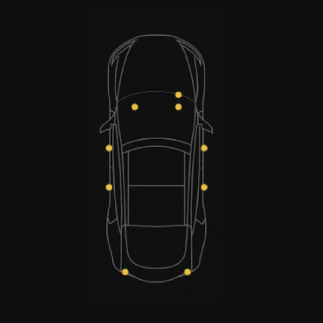 Diagram over placering af LED-lamper i bilen til Tesla Model 3 (før facelift)