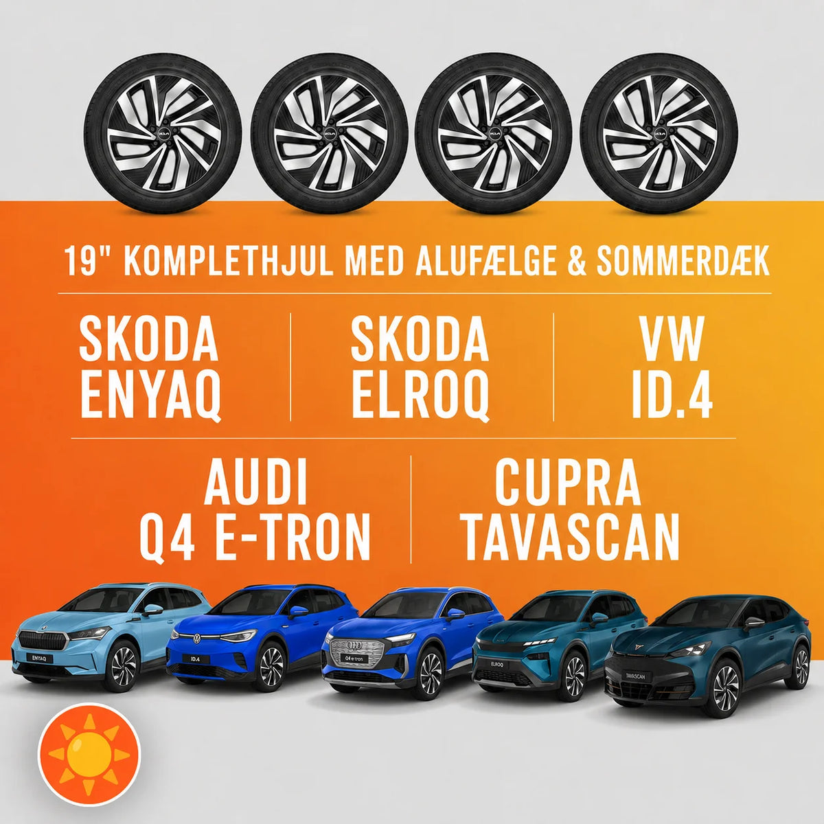 19" komplethjul med alufælge og sommerdæk til Skoda Enyaq, Elroq, VW ID.4, Audi Q4 e-tron og Cupra Tavascan