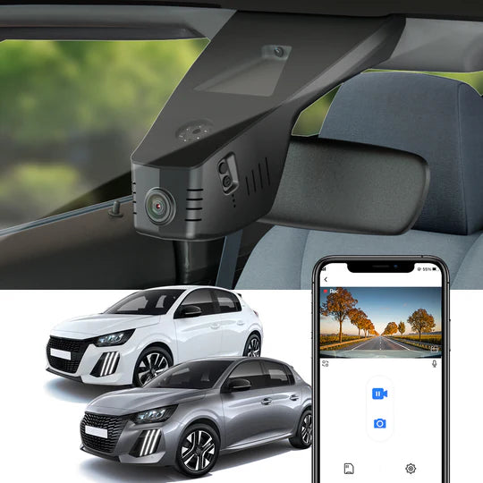 FitCamX Dashcam monteret i Peugeot e-208, vist med app-forbindelse og to bilmodeller.