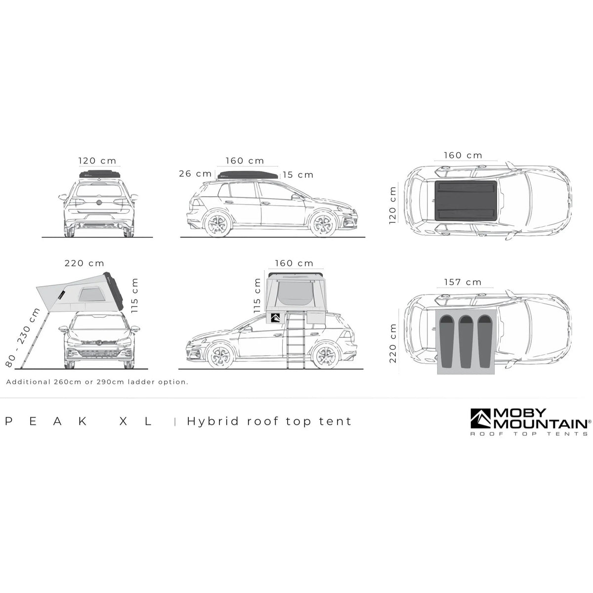 Målskitse af Moby Mountain Peak XL tagtelt – 220 × 157 cm åben og 160 × 120 × 26 cm lukket