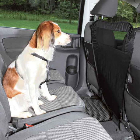 Hund sidder ved siden af sort sædeafskærmning monteret på bilens bagsæde