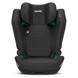 Recaro Axion 1 autostol i sort, set forfra med synlige seler og RECARO-logo