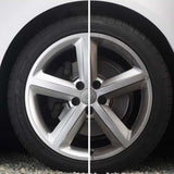 Før/efter billede af bilhjul med Autoglym Wheel Protector, viser forskellen på skinnende og snavset fælg