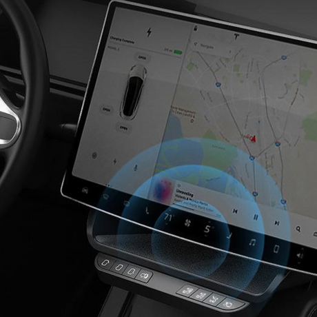 Opbevaringsboks under skærm med genvejsknapper til Tesla Model 3/Y