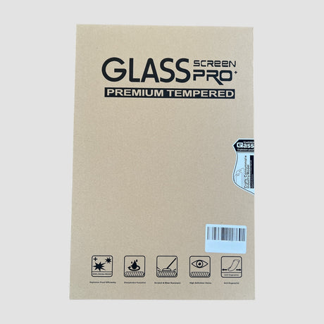 Emballage til Glass Screen Pro+ Premium Tempered skærmbeskytter, papkasse med produktikoner