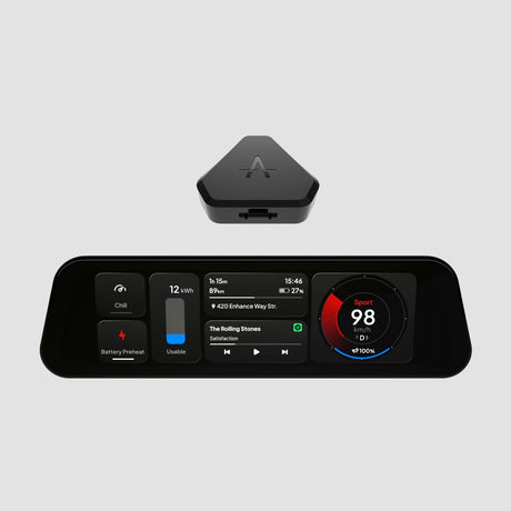 S3XY Dash produktbillede med Gen2 Commander enhed, skærmen viser sport-tilstand med rødt speedometer