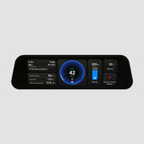S3XY Dash skærm alene på hvid baggrund, viser fartmåler, rækkevidde og batteriniveau