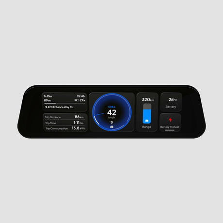 S3XY Dash skærm alene på hvid baggrund, viser fartmåler, rækkevidde og batteriniveau