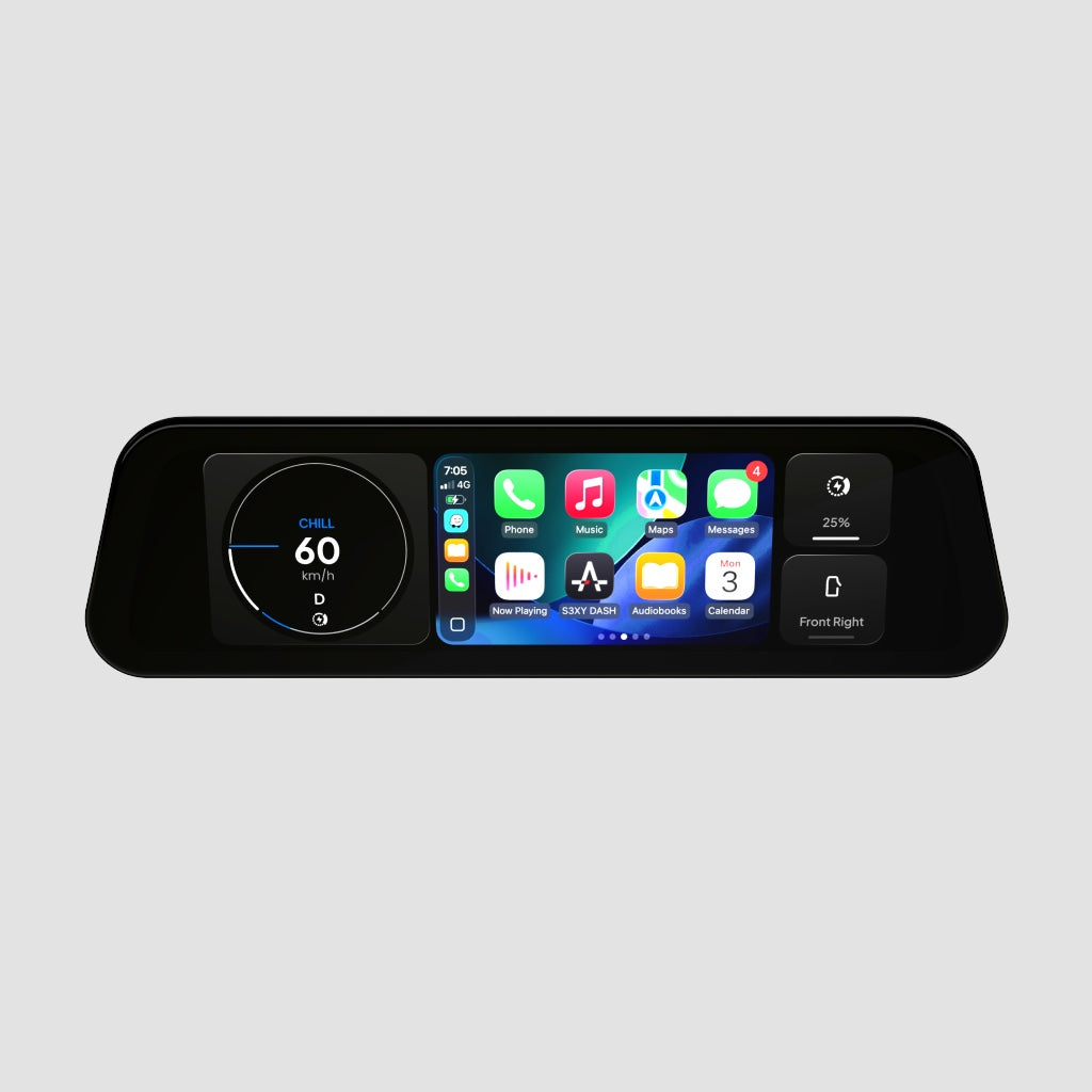 S3XY Dash skærm alene på hvid baggrund, viser Apple CarPlay med speedometer widget