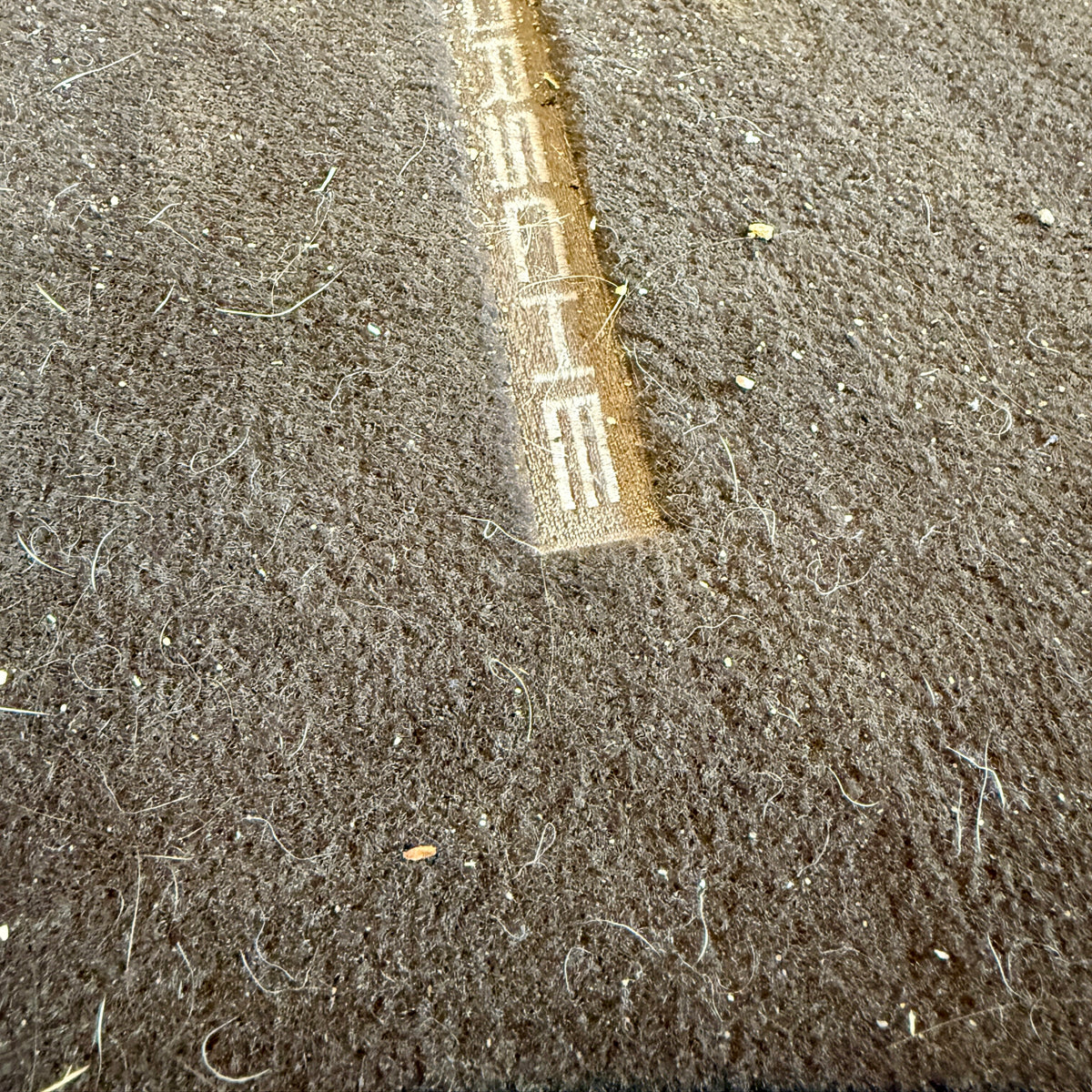 Før billede af møgbeskidt bilmåtte med Porsche logo før TurboClean støvsuger