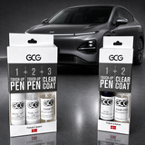 GCG MAX lakstift-sæt med touch-up pen og klarlak i XPENG-originalfarver foran en grå XPENG G6
