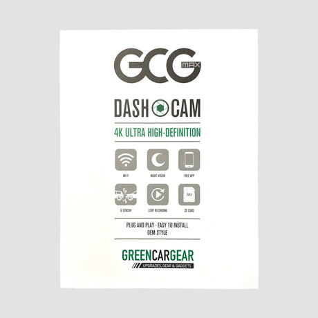 GCG MAX Dashcam 4K infografik med ikoner for WiFi, night vision, app, G-sensor, loop recording og SD-kort