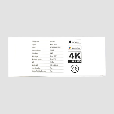 Tekniske specifikationer for GCG MAX Dashcam 4K: konfiguration, chipset, sensor, opløsning og WiFi