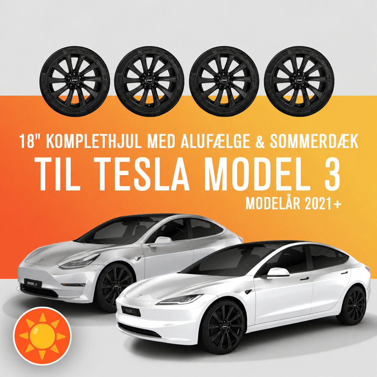 18" komplethjul med alufælge og sommerdæk til Tesla Model 3 2021+, to hvide biler med fælge