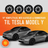 19" komplethjul med alufælge og sommerdæk til Tesla Model Y, to grå biler med fælge