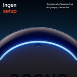 OOONO P-skive med tekst "Ingen setup - tag den ud af kassen, tryk én gang og den er klar"