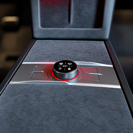 S3XY Knob monteret i Teslaens midterkonsol med rødt LED-lys og digitalt display, der viser 20 °C.