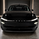 Folie til lystribe på Tesla Model Y 2025 Juniper, mat sort med TESLA-tekst, forfra