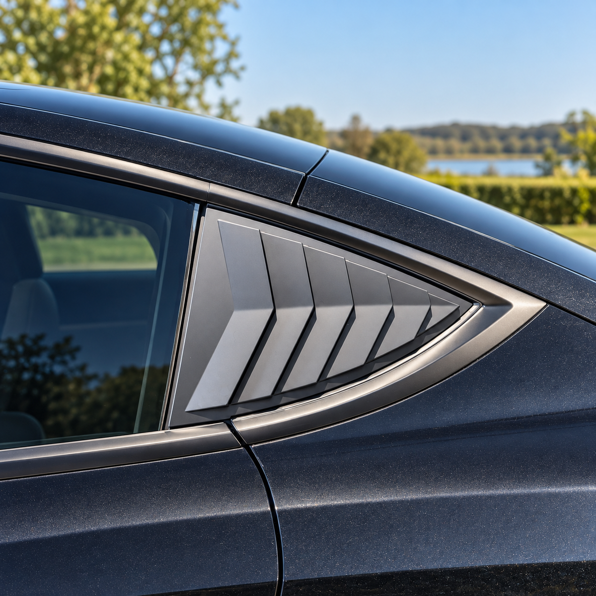 trekantede side louvres i mat sort designet og monteret på en Tesla Model Y.