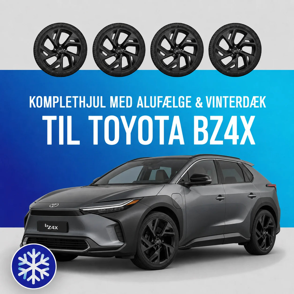 18" komplethjul med sorte alufælge og vinterdæk til Toyota bZ4X – fire hjul vist over en grå bZ4X