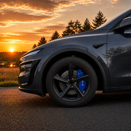 Blåt GCG MAX bremsekaliber-cover på forhjulet – Tesla Model Y Juniper