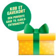 Grafik med gavepakke i gult og grønt bånd, tekst "Køb et gavekort - Den perfekte gave til elbils-entusiasten"