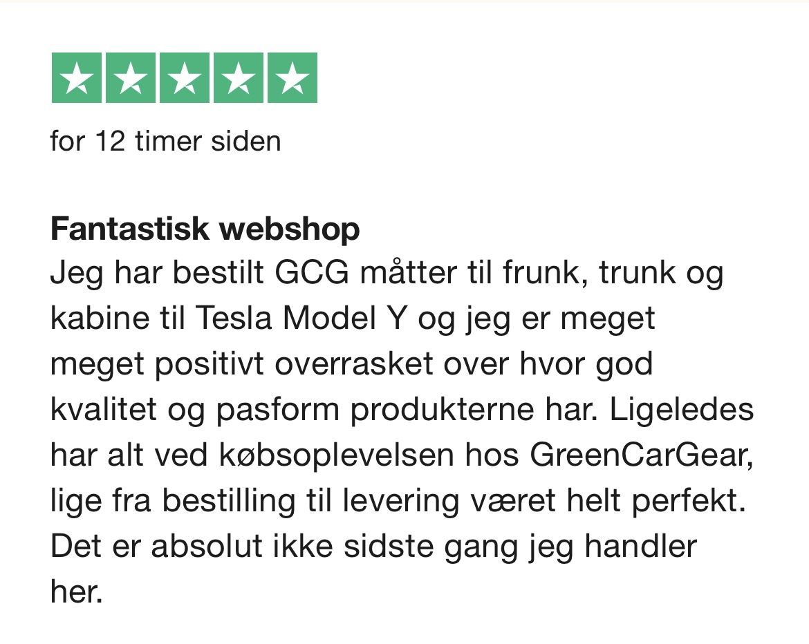 Kundeanmeldelse om GCG måtter til Tesla Model Y med 5 stjerner